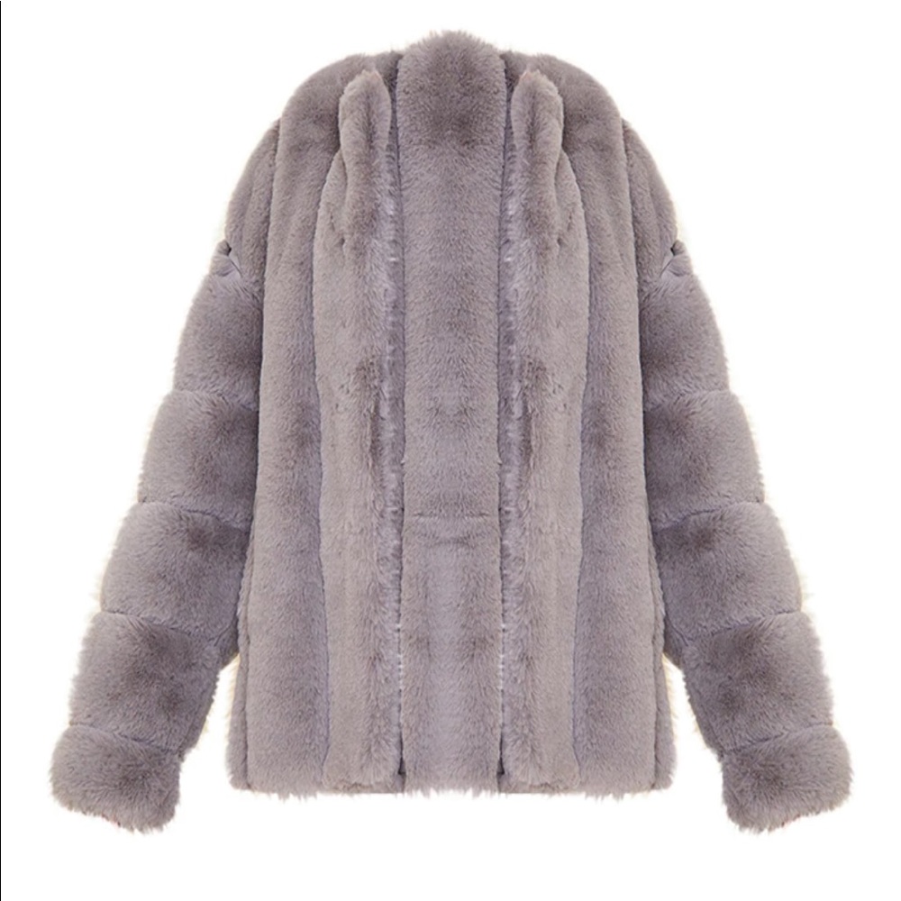 Grey Premium Faux Fur Vertical Bubble Coat - Picture 3 of 7